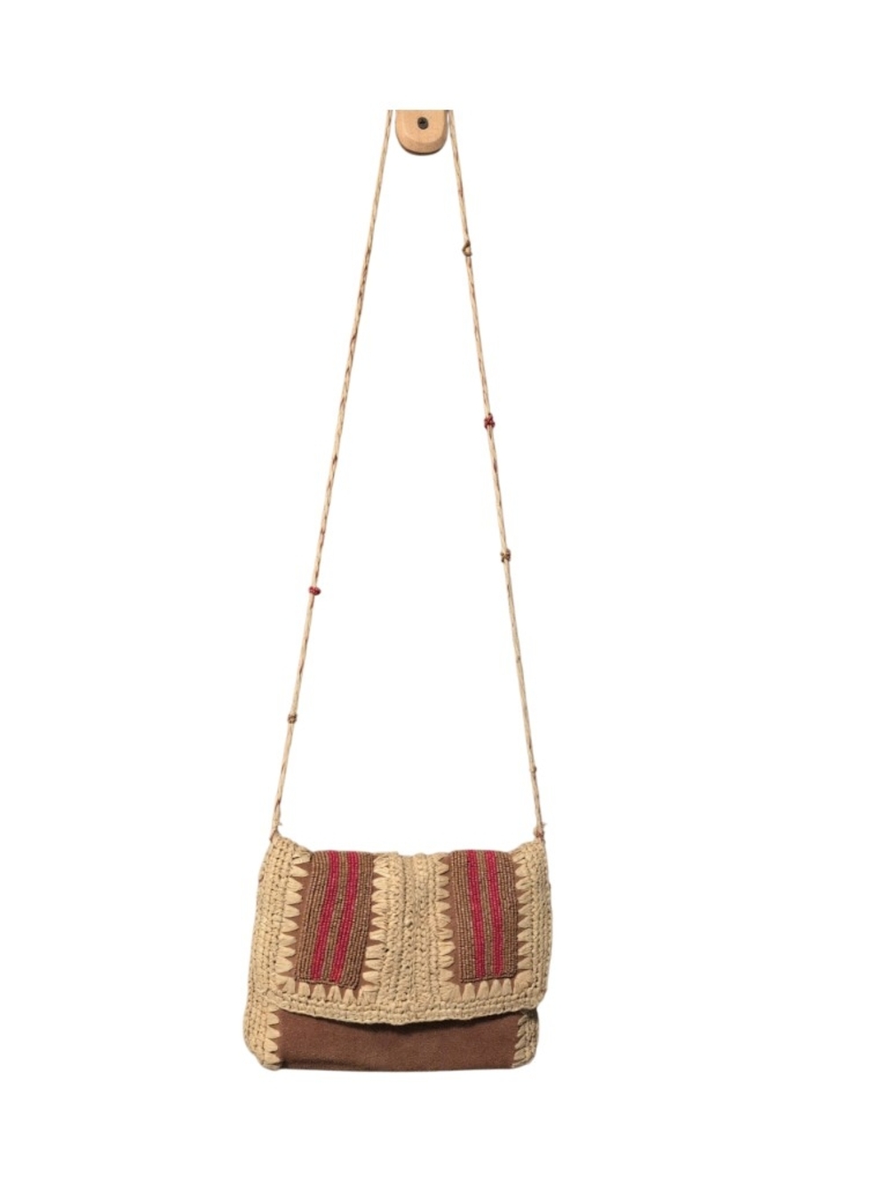 Free People Raffia and Suede Handwoven Beaded Crossbody Bag